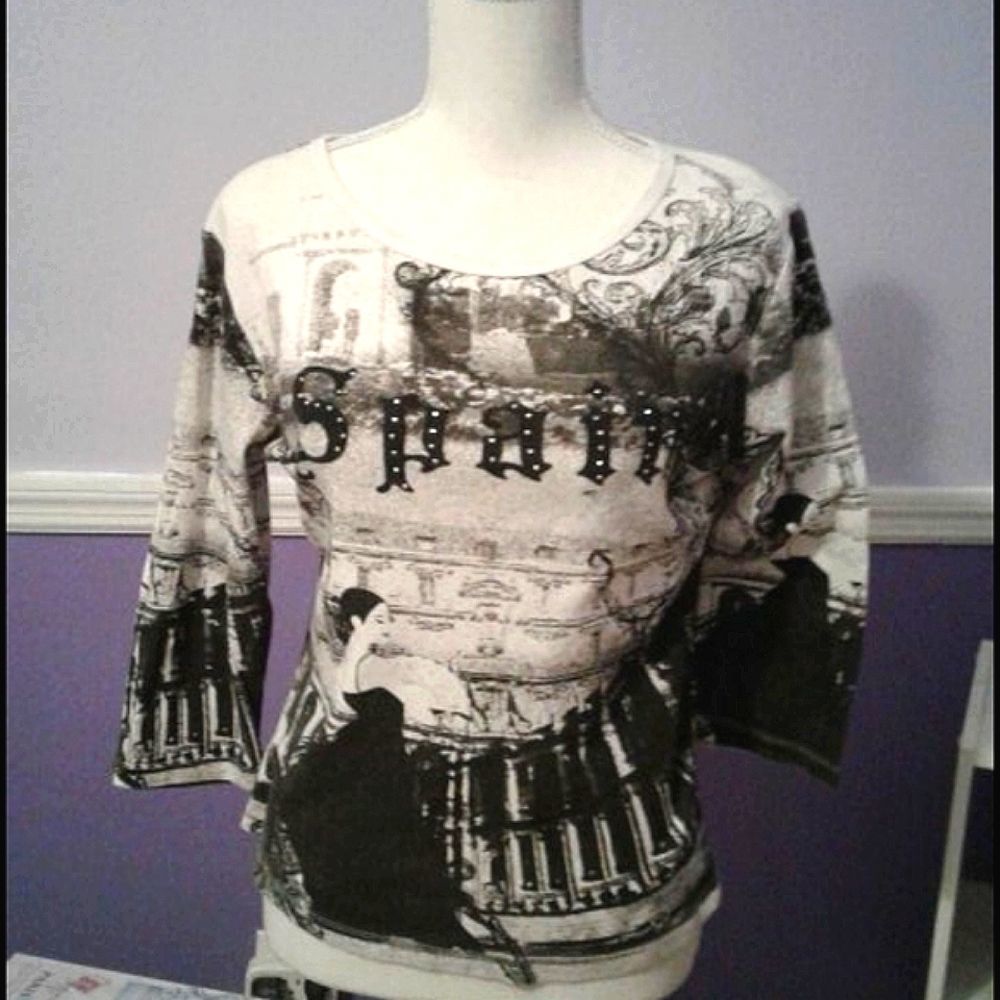 Cruise Wear Black Off-white 3/4 Sleeve Grunge Novelty Spain Print Sweater Top M